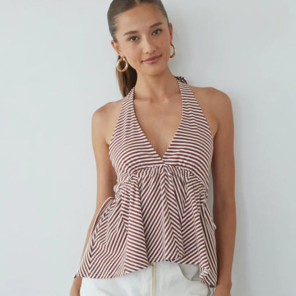 Cely Tie Babydoll Top (Brown and White Stripes) from American Threads in a Small